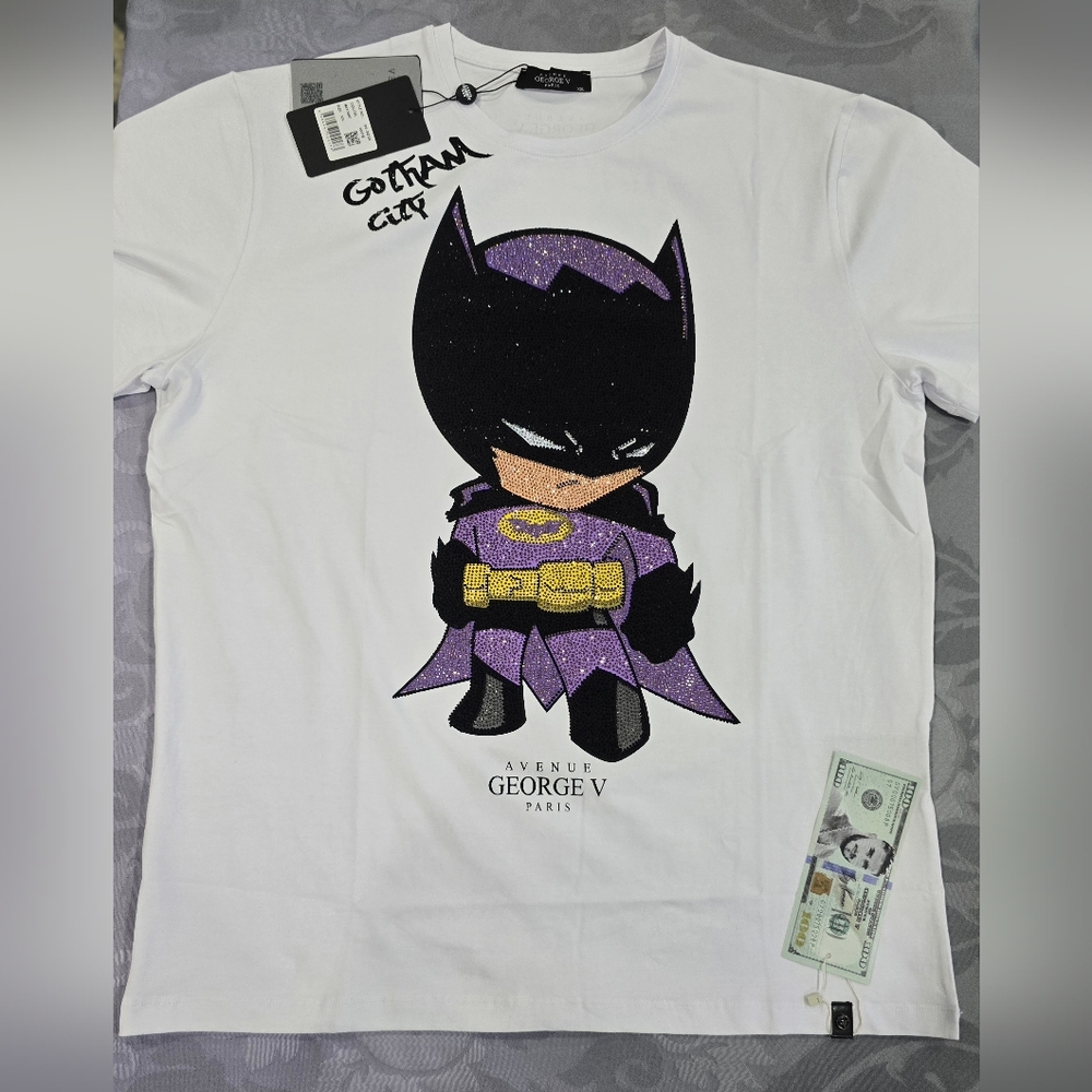 Avenue George V White T-Shirt with Purple and Gold Graphic rhinestones.